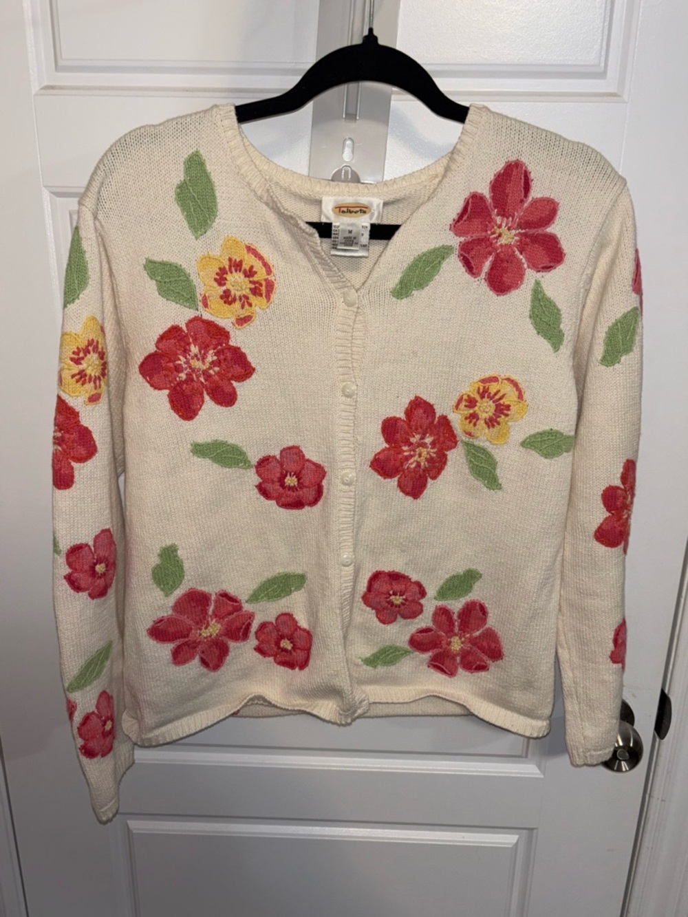 Talbots Cream Cardigan with Red and Yellow Floral Embroidery